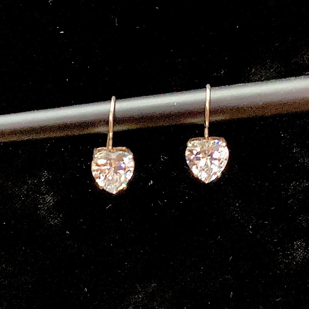 Sterling silver heart dangle cz earrings, large stones, approx 4 carats each.
